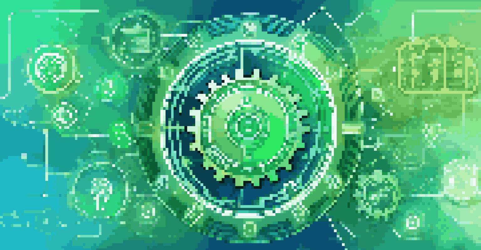 An abstract representation of automation in compliance management with gears and digital elements against a blue-green gradient background.