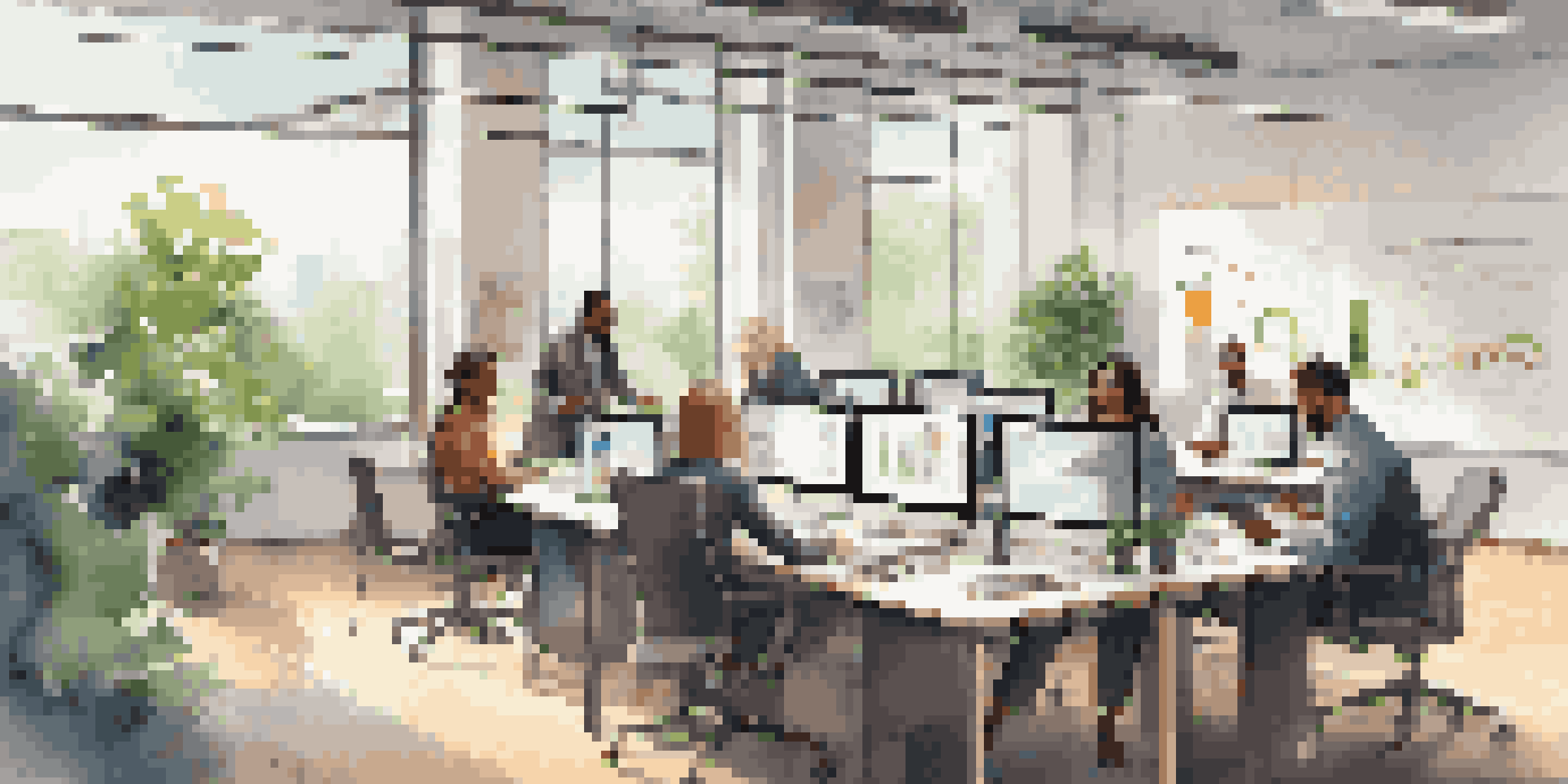 A diverse group of professionals working together in a bright office, collaborating with laptops and charts.