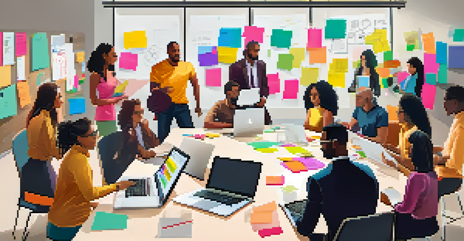 A diverse team of professionals collaborating in a meeting room, surrounded by colorful notes and sketches.