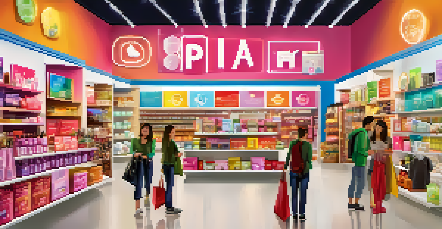 A lively retail store filled with products, showing a customer looking at personalized recommendations on a screen.