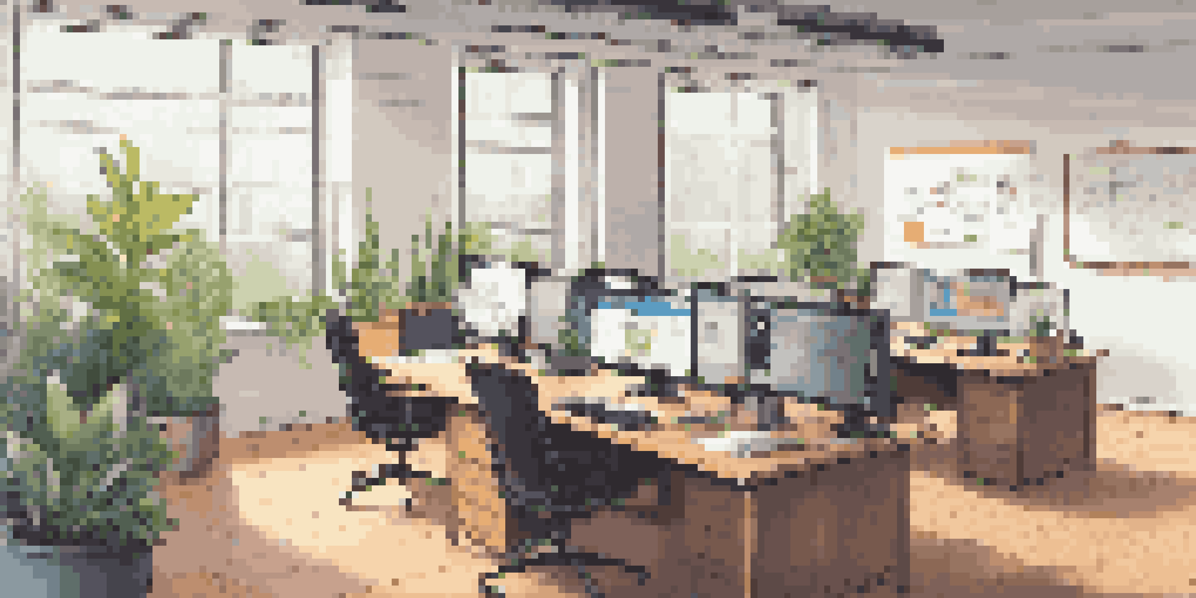 A modern office workspace featuring a large wooden desk with dual monitors showing code and project management software, bright natural light, plants, a coffee mug, and a whiteboard with colorful notes.