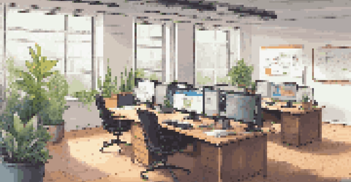 A modern office workspace featuring a large wooden desk with dual monitors showing code and project management software, bright natural light, plants, a coffee mug, and a whiteboard with colorful notes.