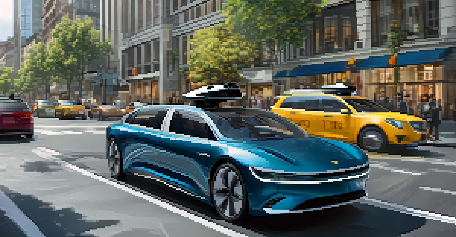 An autonomous vehicle driving in a busy modern city with sensors and cameras visible, showcasing its navigation abilities.