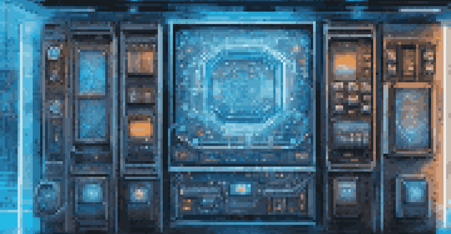 A close-up of a futuristic quantum gate control panel with neon blue lighting and metallic textures.