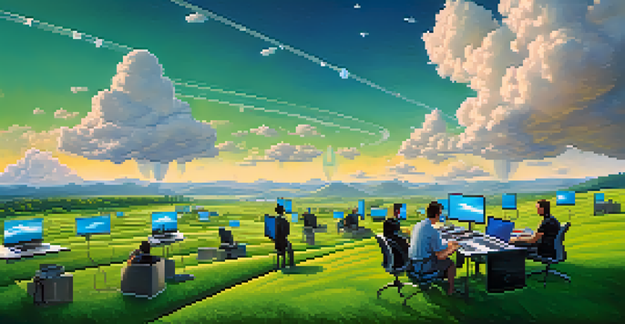 A peaceful landscape illustrating the concept of serverless computing with developers using laptops in a green field under a cloudy sky.