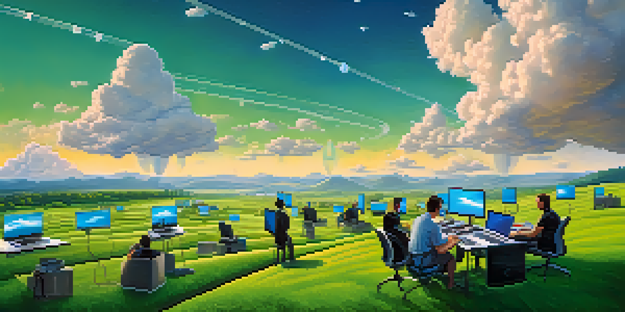 A peaceful landscape illustrating the concept of serverless computing with developers using laptops in a green field under a cloudy sky.