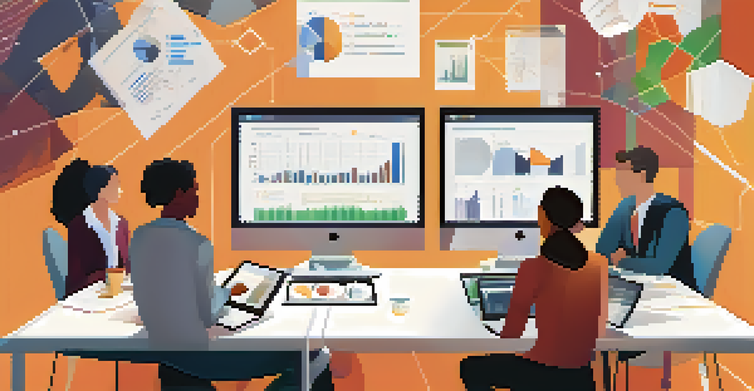 A diverse group of data analysts working together with laptops and charts in a collaborative environment.