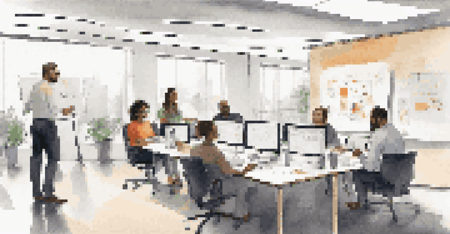 A diverse IT team in a bright office space engaged in a collaborative meeting focused on communication strategies.