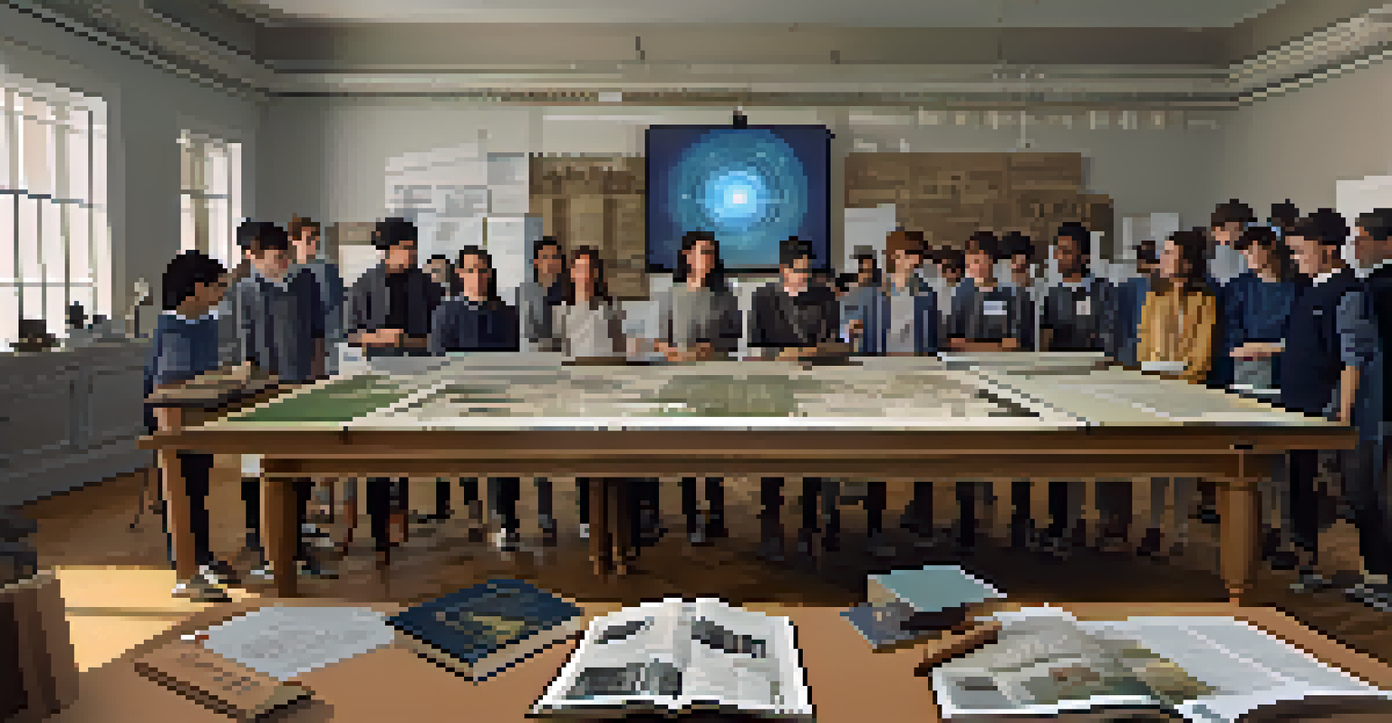 Students collaborating on a historical presentation with augmented reality devices, surrounded by AR projections of historical events.