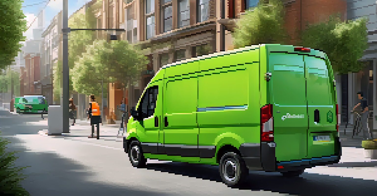A delivery driver with an electric van, interacting with a customer at their home, representing sustainability and customer service in e-commerce.
