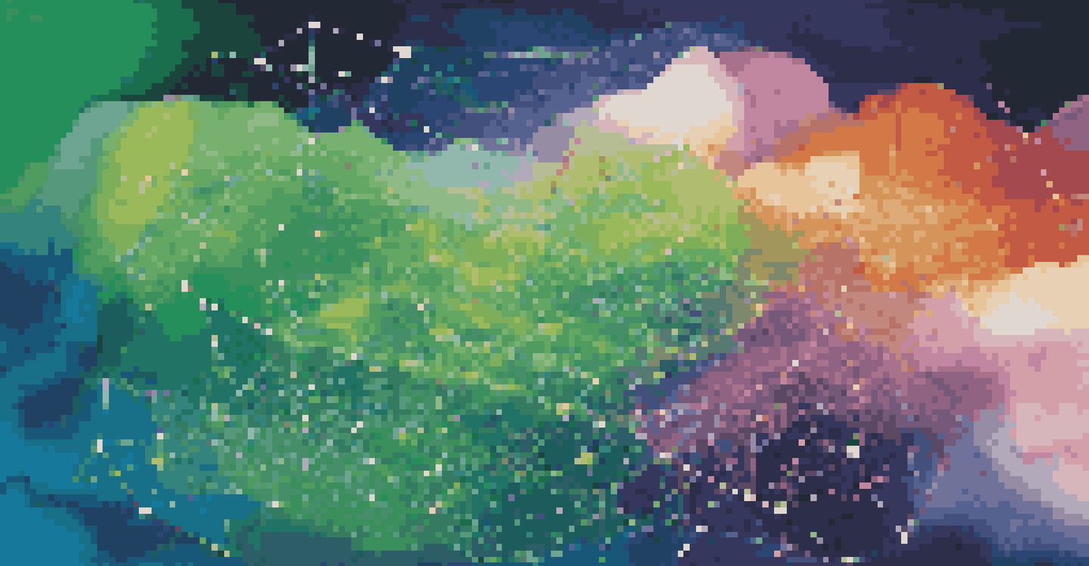 An abstract graphic depicting interconnected nodes and clouds in vibrant colors, representing serverless computing and scalability.