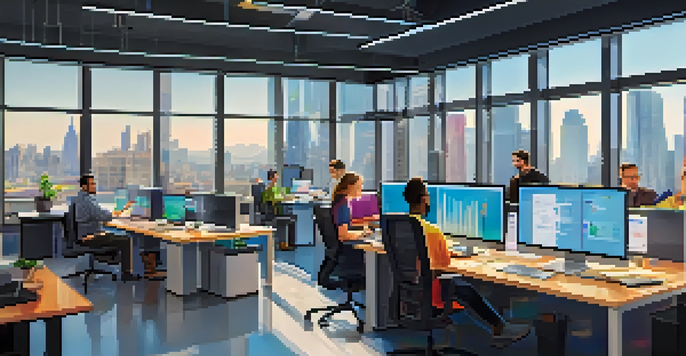 A group of diverse developers working together in a bright office, surrounded by computers and project materials, with a city skyline visible through the windows.