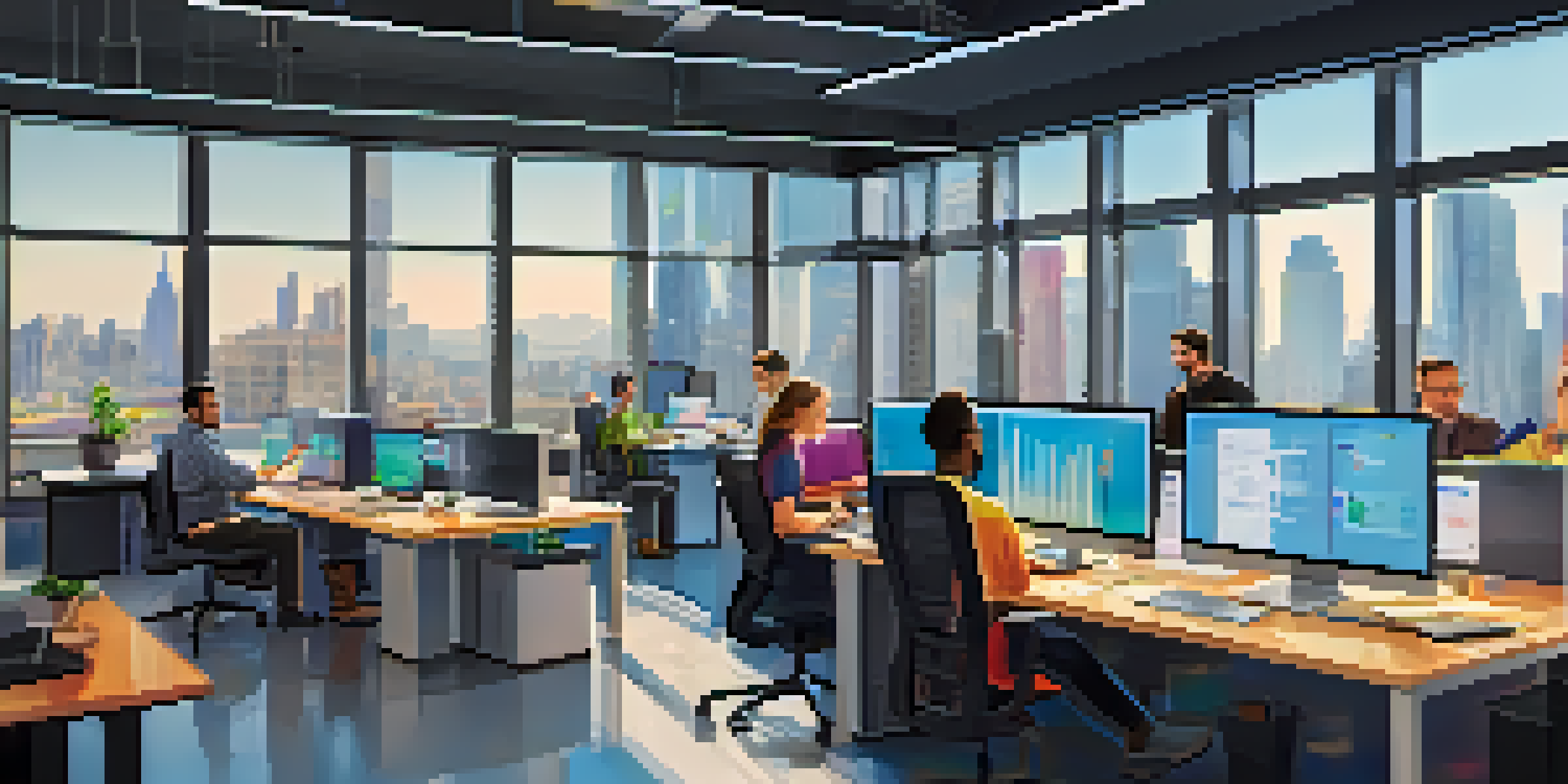 A group of diverse developers working together in a bright office, surrounded by computers and project materials, with a city skyline visible through the windows.