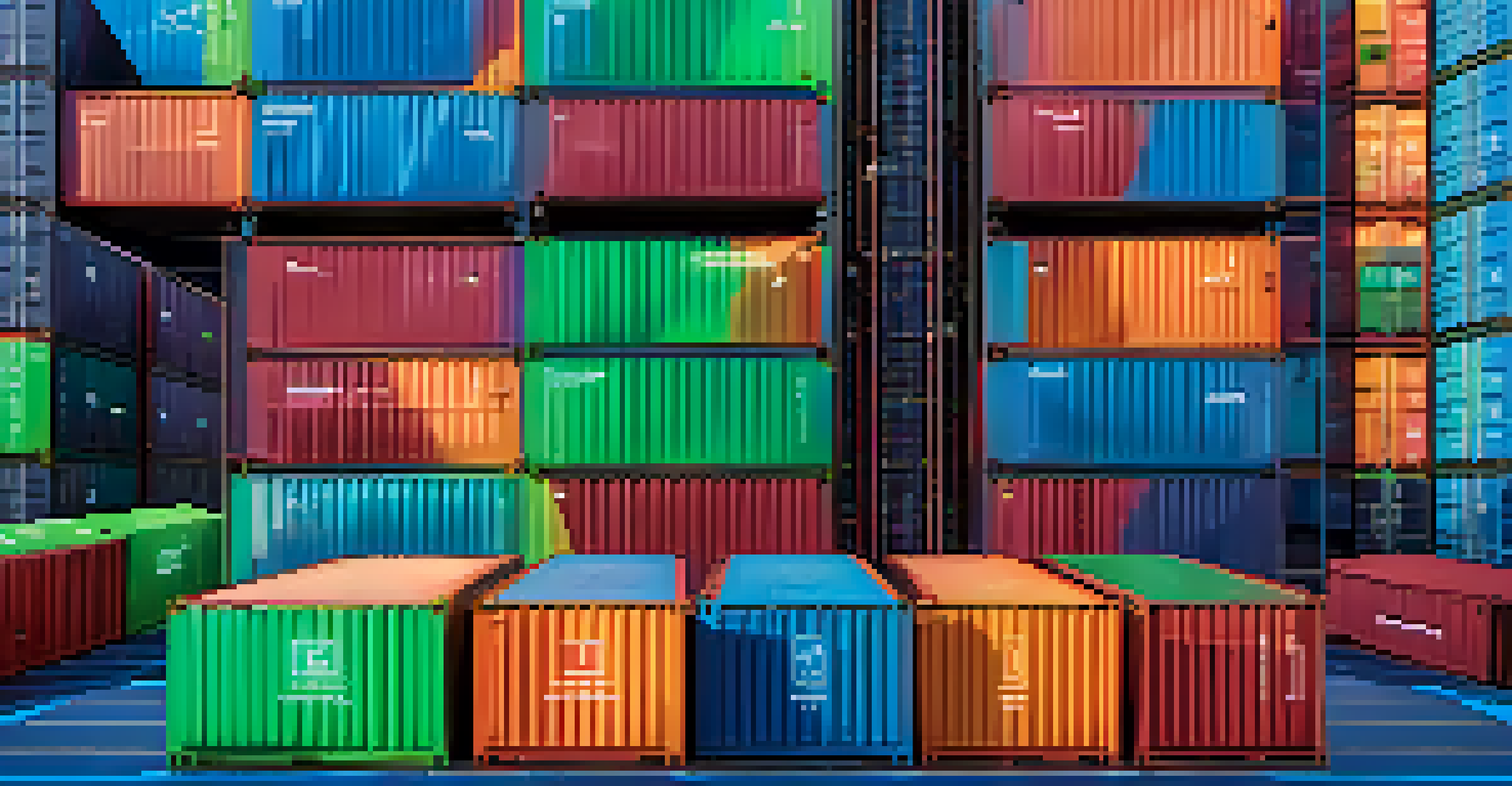 A futuristic data center filled with stacked shipping containers, glowing in blue and green lights, representing digital applications.