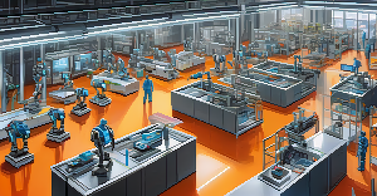A modern factory with robots assembling products and AI monitoring the process on a screen, illuminated by bright lights.