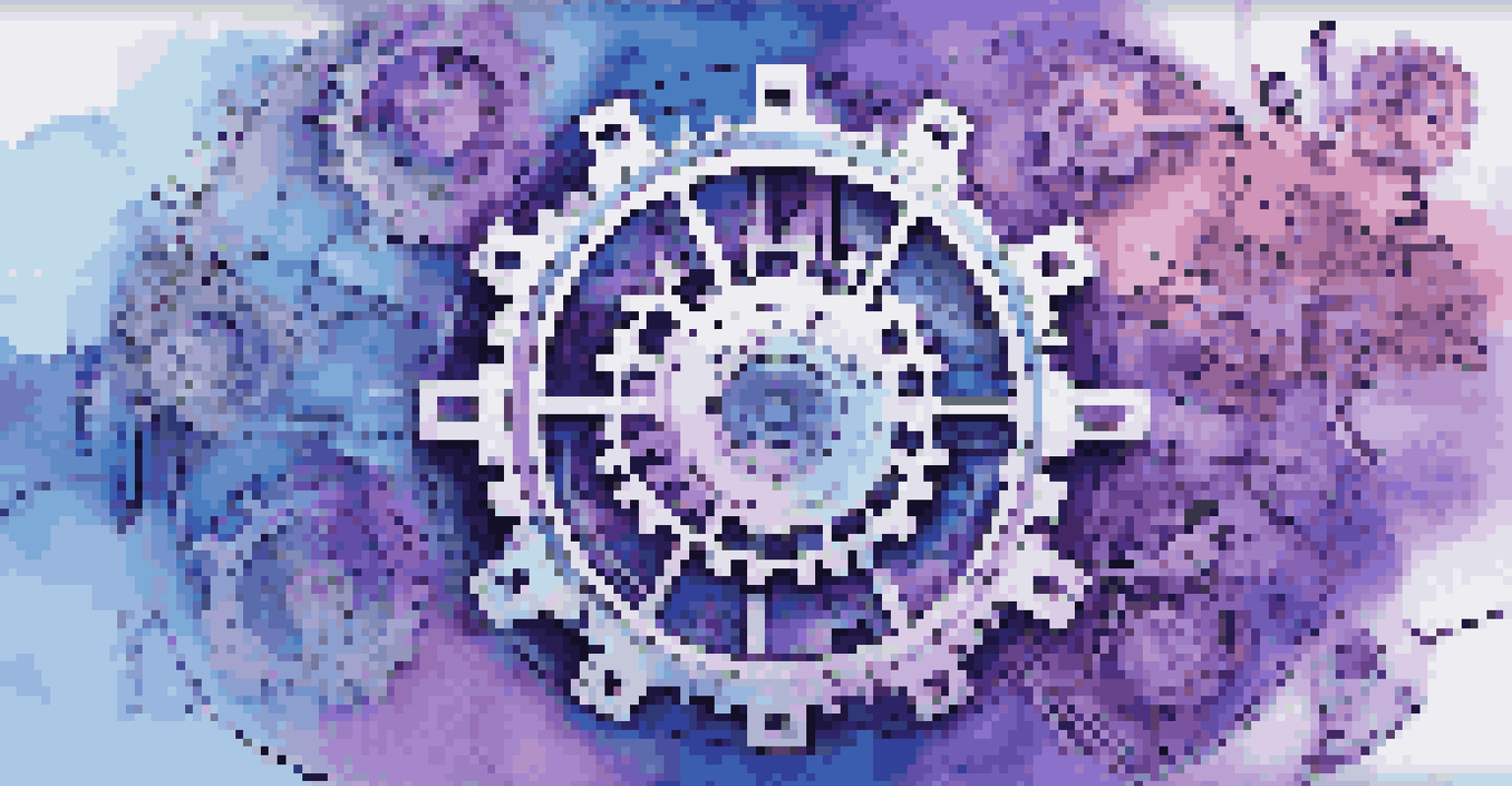 An abstract image showing gears and branches representing version control, with snippets of code and arrows in a blue and purple gradient background.