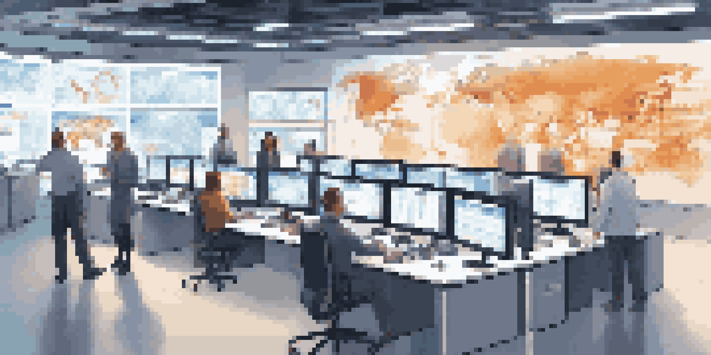 A modern control room filled with professionals working on digital supply chain management, with large screens showing data and logistics.