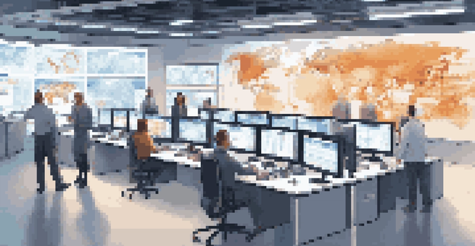 A modern control room filled with professionals working on digital supply chain management, with large screens showing data and logistics.