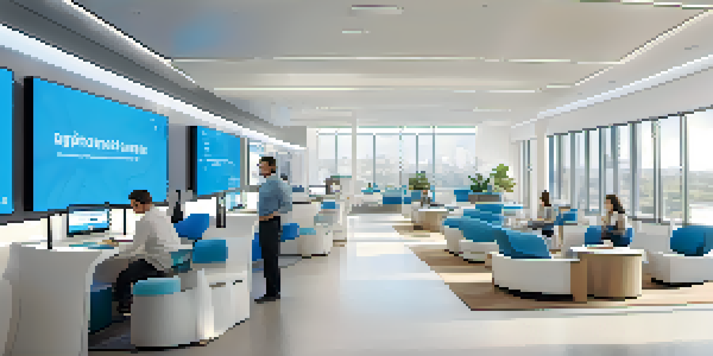 A bright and modern customer service center featuring AI-powered chatbots on screens, with an inviting atmosphere and sleek design.