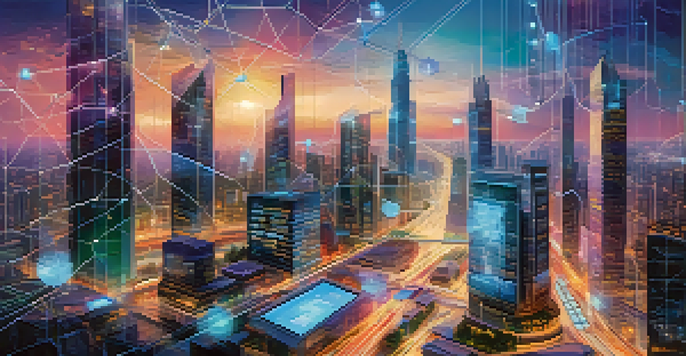 A vibrant futuristic city with glowing bridges connecting different blockchain networks, depicting people using digital interfaces.