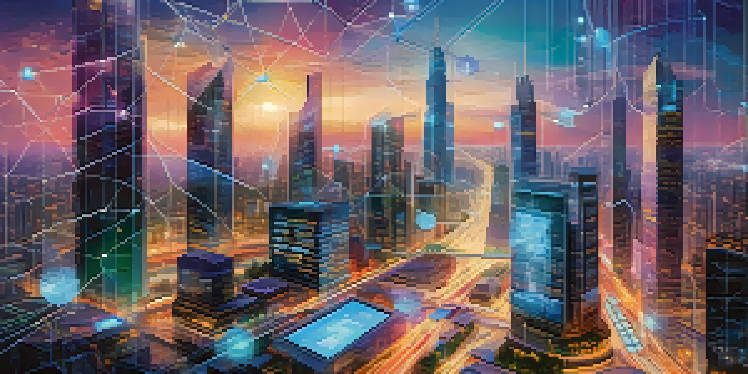 A vibrant futuristic city with glowing bridges connecting different blockchain networks, depicting people using digital interfaces.