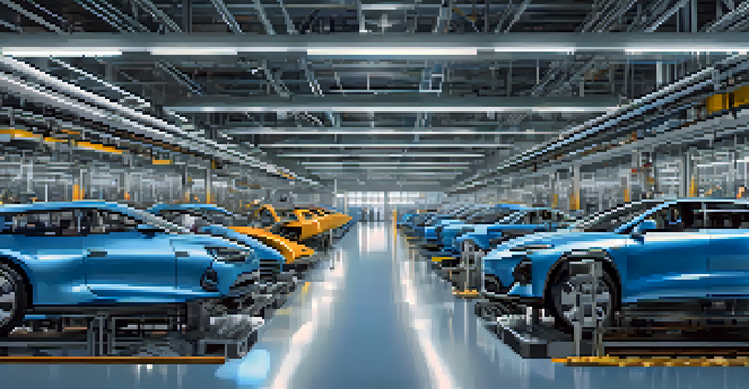 A detailed view of a modern automotive factory with robots assembling cars and workers collaborating.