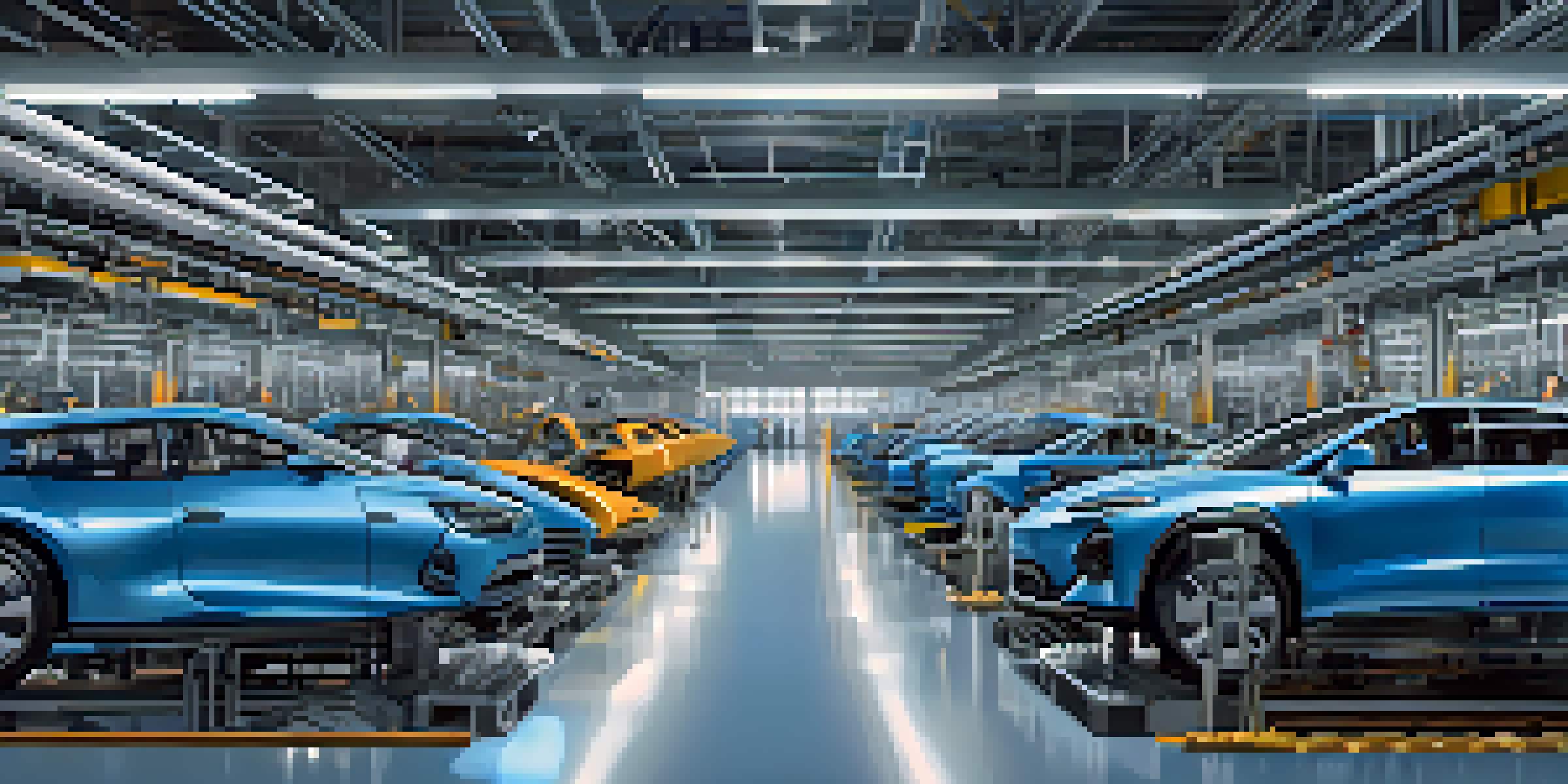 A detailed view of a modern automotive factory with robots assembling cars and workers collaborating.