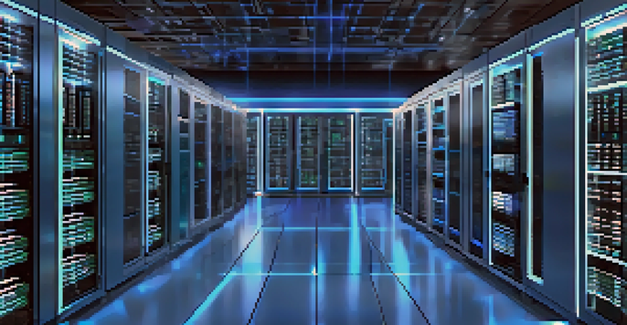 A modern server room with rows of virtual machines and blue LED lights, featuring a central screen displaying performance metrics.