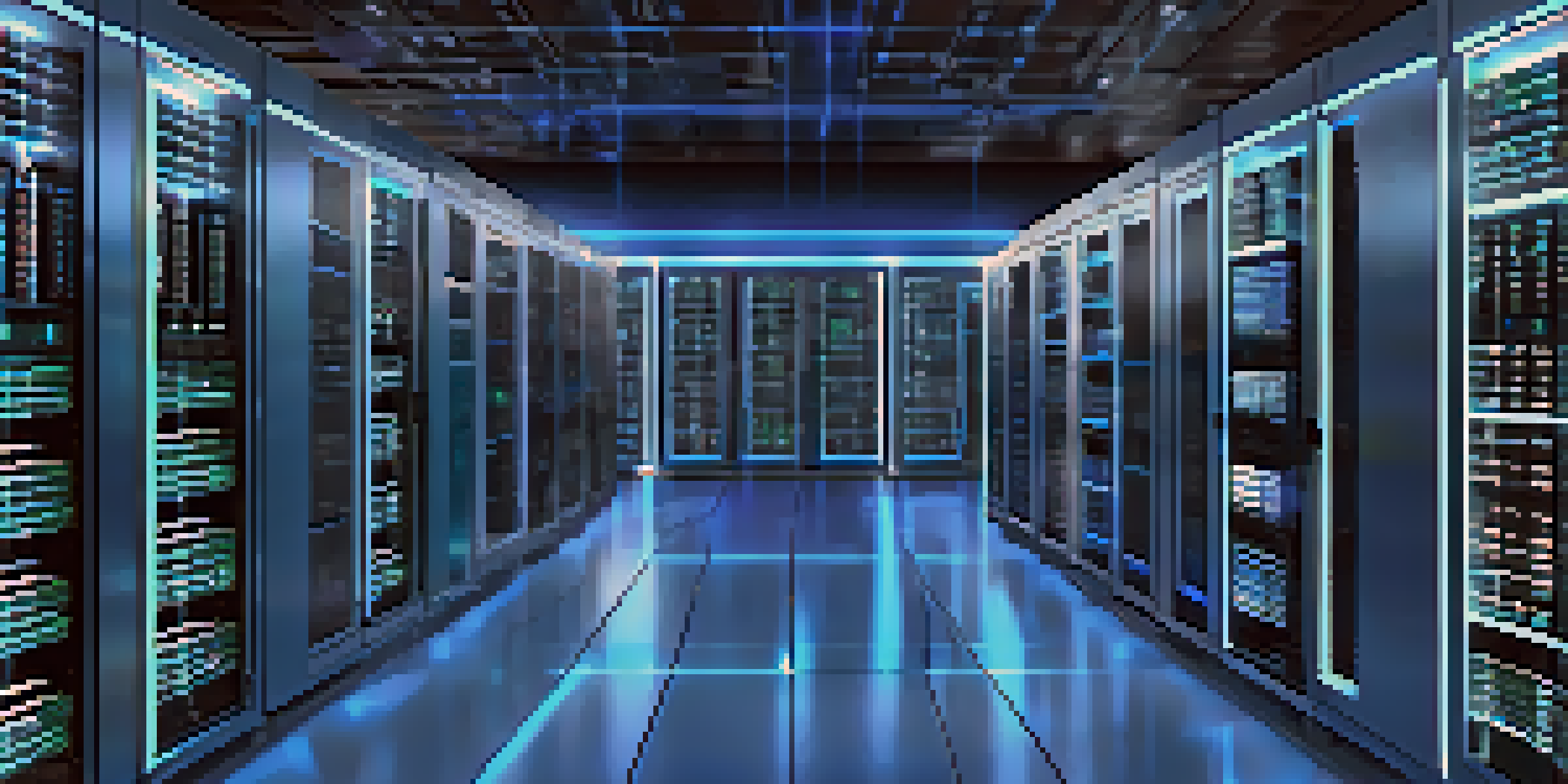 A modern server room with rows of virtual machines and blue LED lights, featuring a central screen displaying performance metrics.