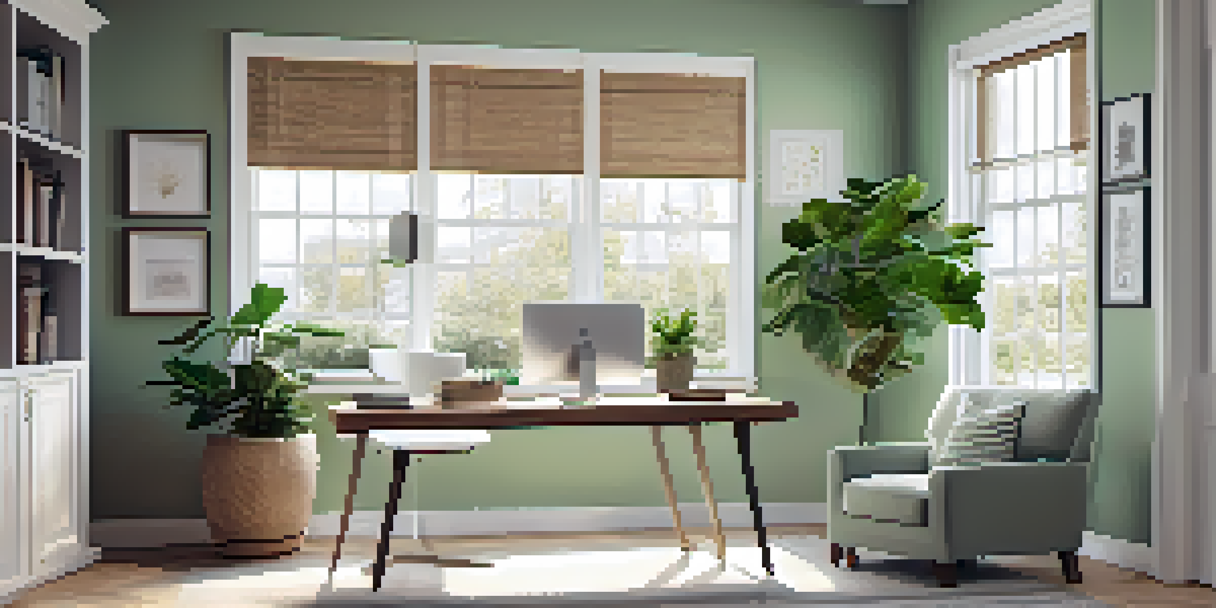 A bright and modern home office with a laptop on a desk, a potted plant, and calming artwork on the walls.