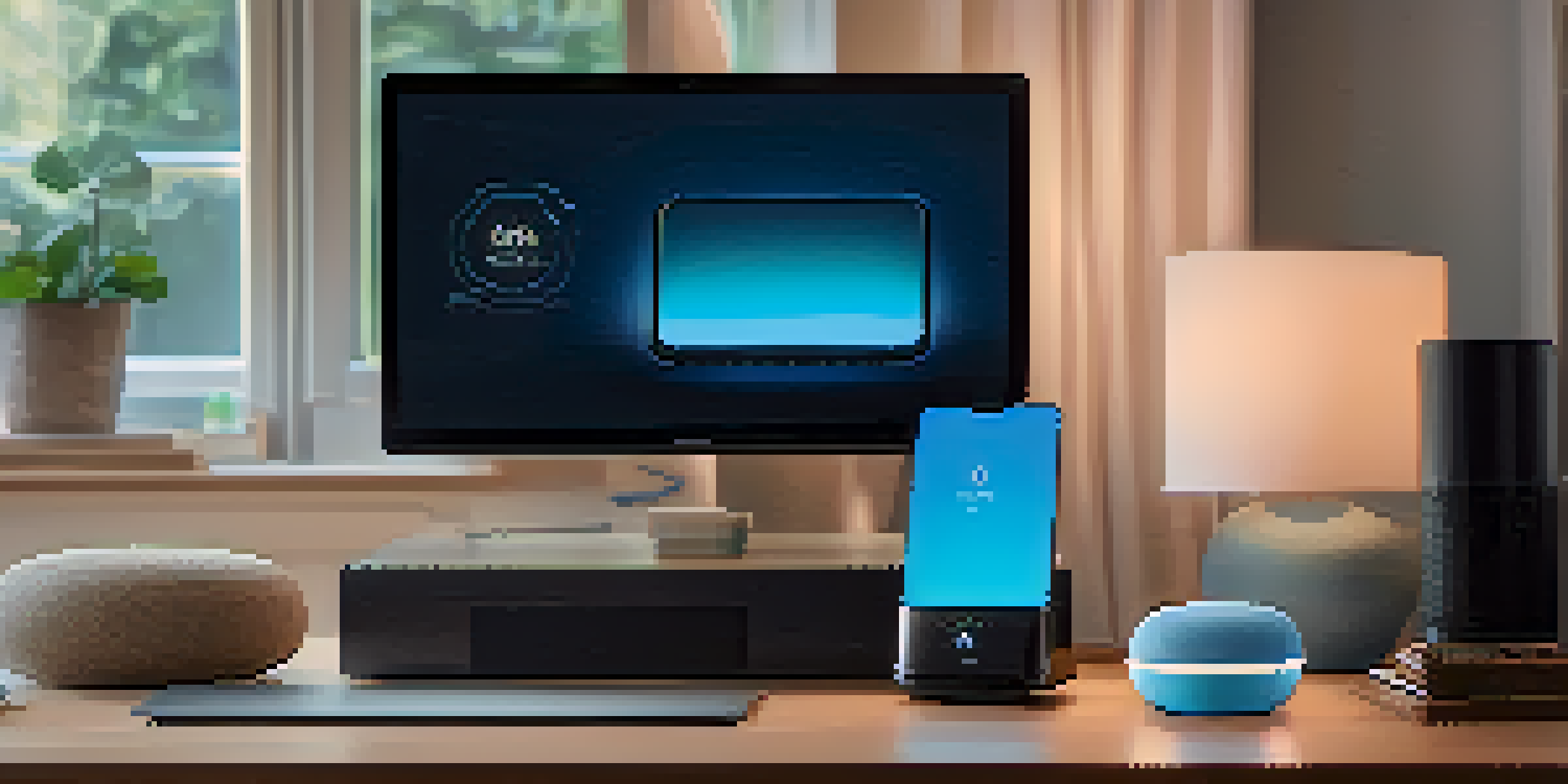 A modern voice assistant device with a blue glow on a desk, surrounded by smart home gadgets in a cozy living room.