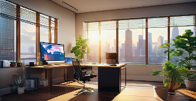 A well-organized financial analyst's desk with dual monitors showing financial data, a potted plant, a notepad, a pen, and a cup of coffee, all bathed in natural light.