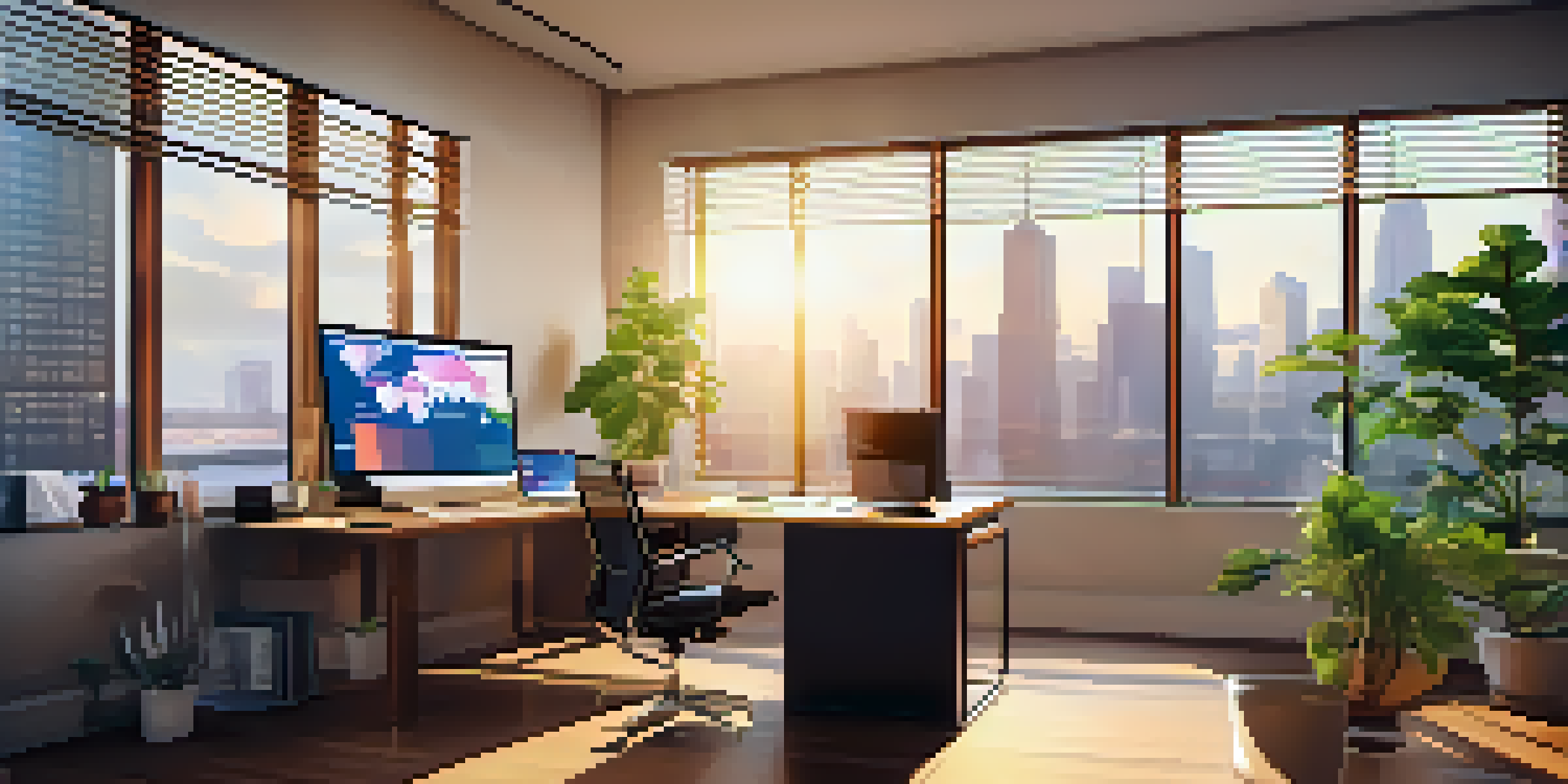 A well-organized financial analyst's desk with dual monitors showing financial data, a potted plant, a notepad, a pen, and a cup of coffee, all bathed in natural light.