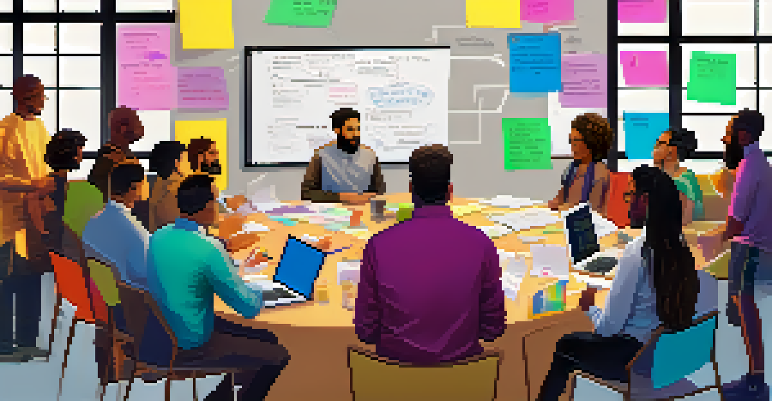 A diverse group of developers around a table, engaging in discussion about open source projects, with laptops and sticky notes present.