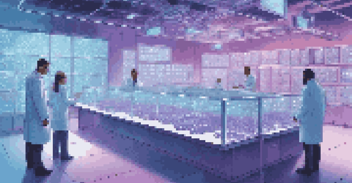 A high-tech laboratory with glowing qubits and researchers analyzing data on holographic displays.