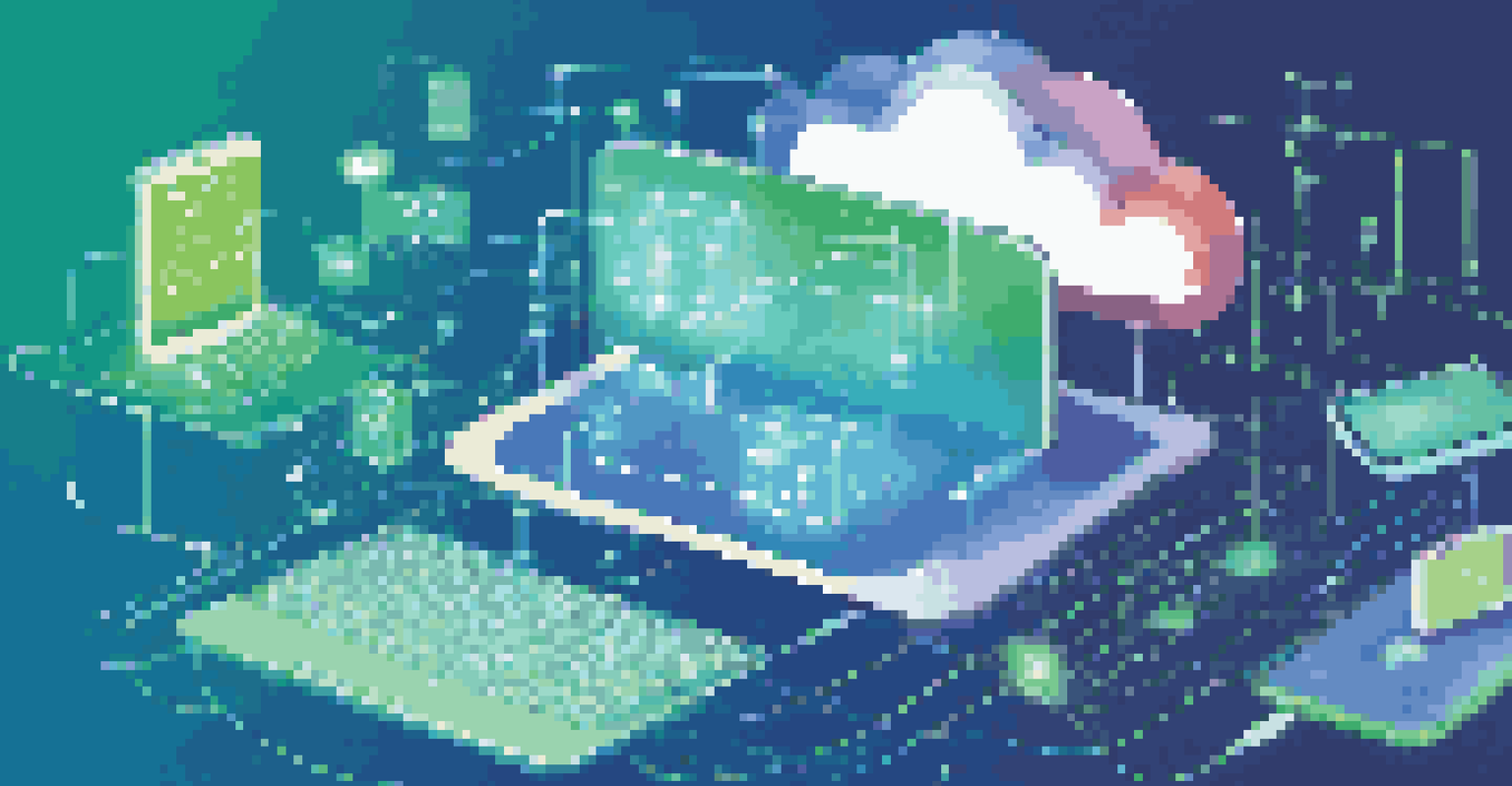 Interconnected digital devices with cloud storage icons and glowing lines, representing virtualization and mobile computing.
