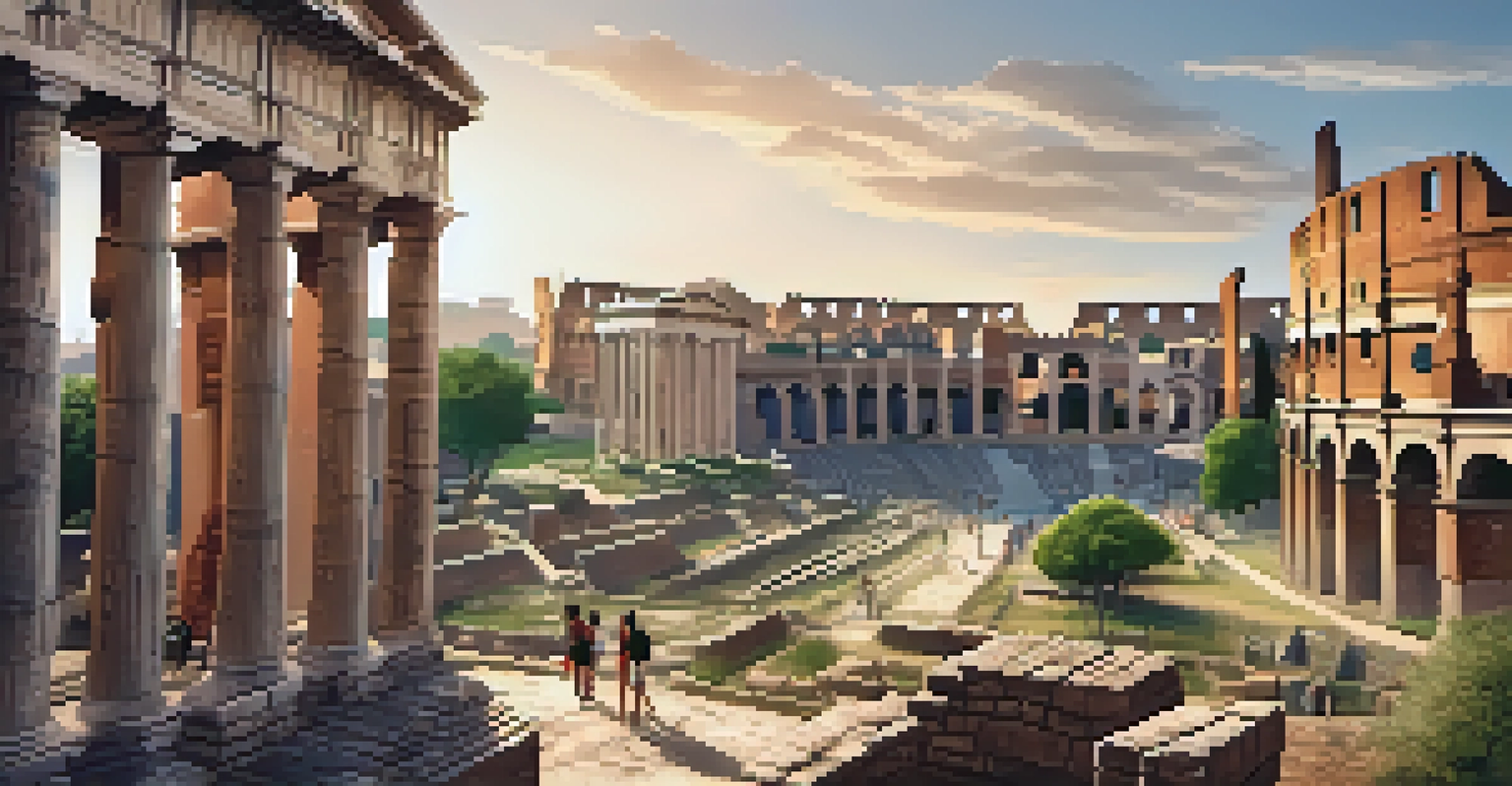 Students experiencing a virtual reality simulation of ancient Rome, featuring iconic landmarks.