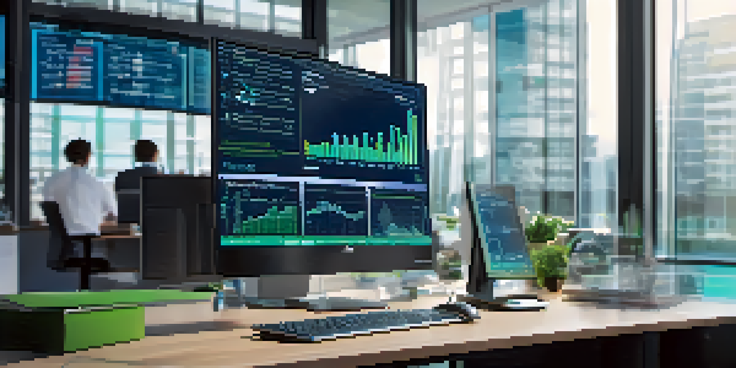 A detailed view of a computer screen showing a digital security dashboard with vibrant graphs and alerts in a modern office setting.