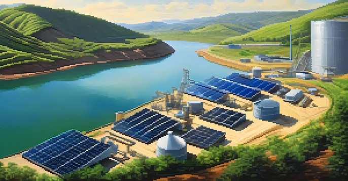 A sustainable mining site with green hills, modern mining equipment powered by solar panels, and a river under a clear blue sky.