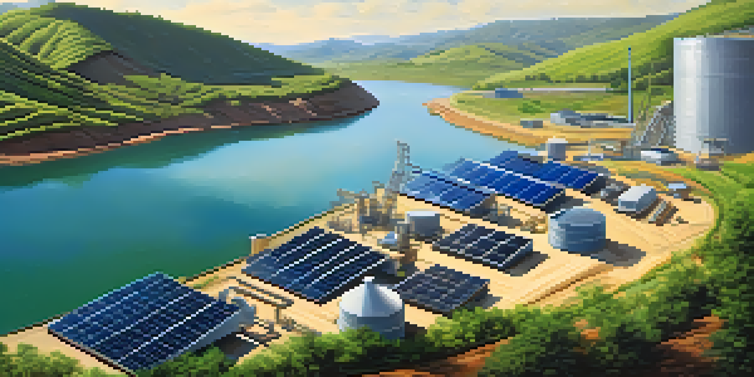 A sustainable mining site with green hills, modern mining equipment powered by solar panels, and a river under a clear blue sky.