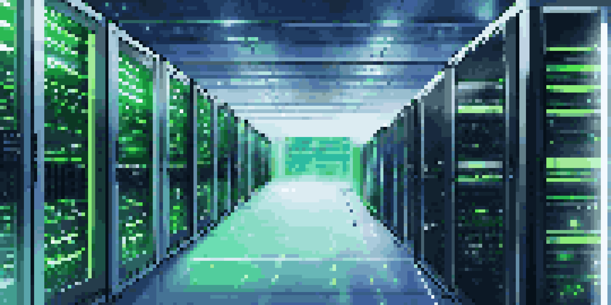 A modern data center filled with illuminated server racks and high-tech containers, featuring blue and green ambient lighting.