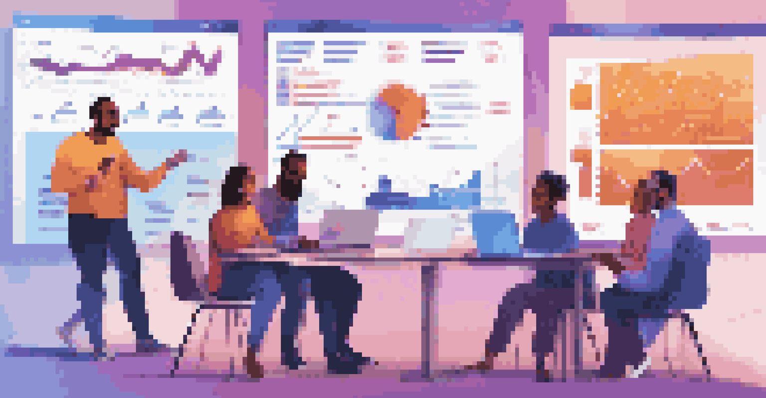 A diverse group of mobile developers collaborating at a table with laptops, colorful charts, and a screen showing a project timeline in a bright, modern office environment.