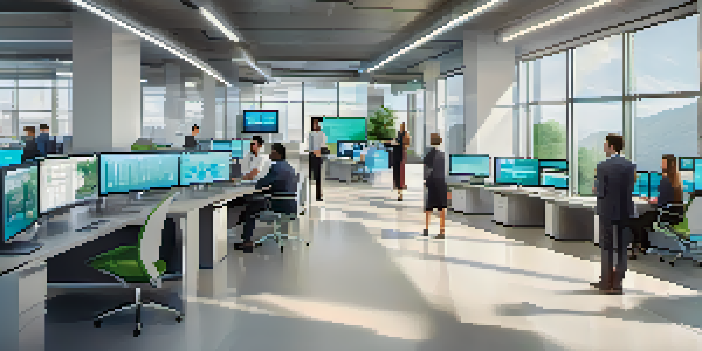 A modern office with diverse team members collaborating on digital supply chain management, featuring screens with real-time data and bright natural lighting.