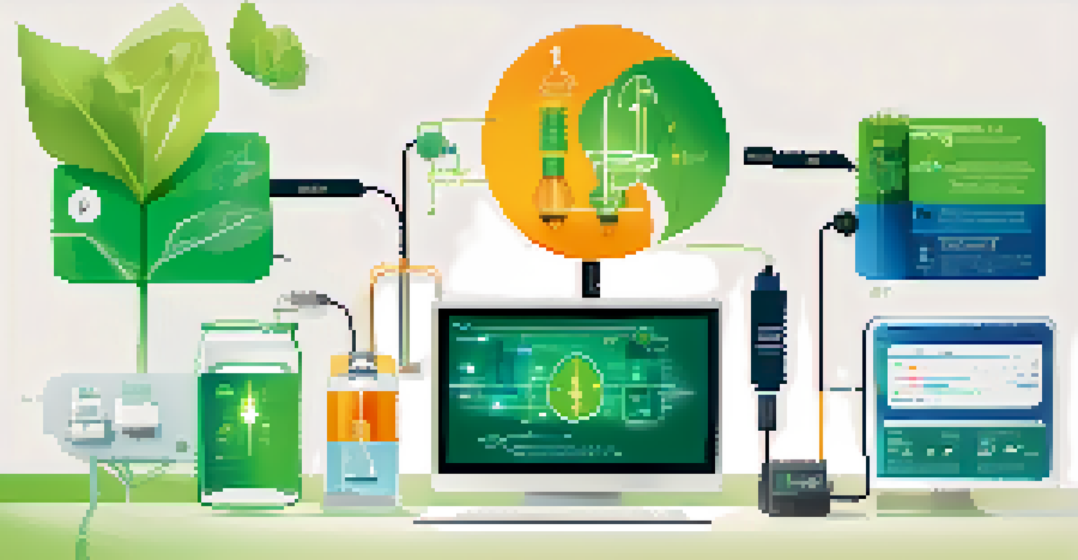 An infographic depicting energy-efficient coding practices with icons representing technology and sustainability.