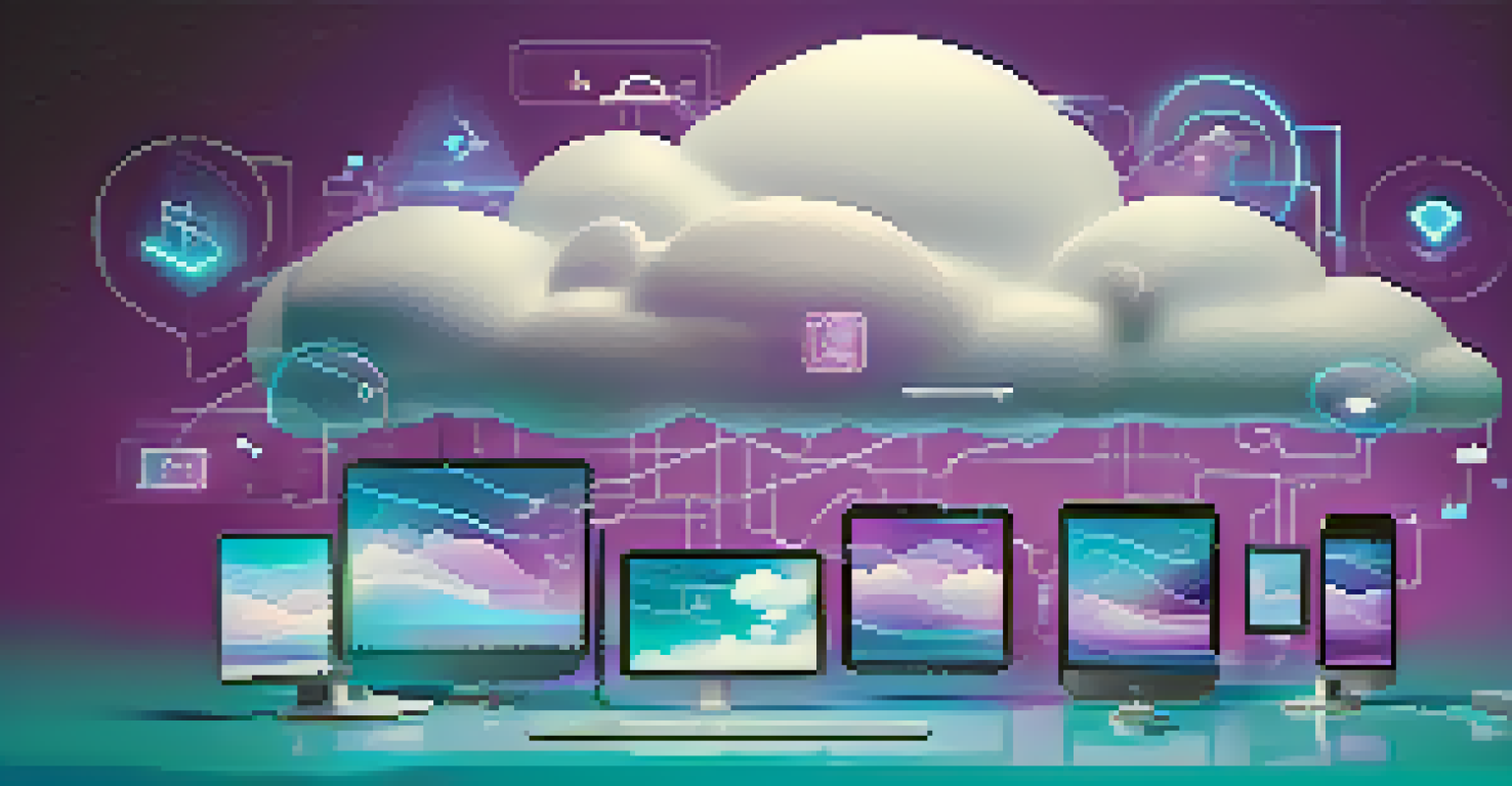 A digital cloud computing concept with icons around a glowing cloud on a gradient background.