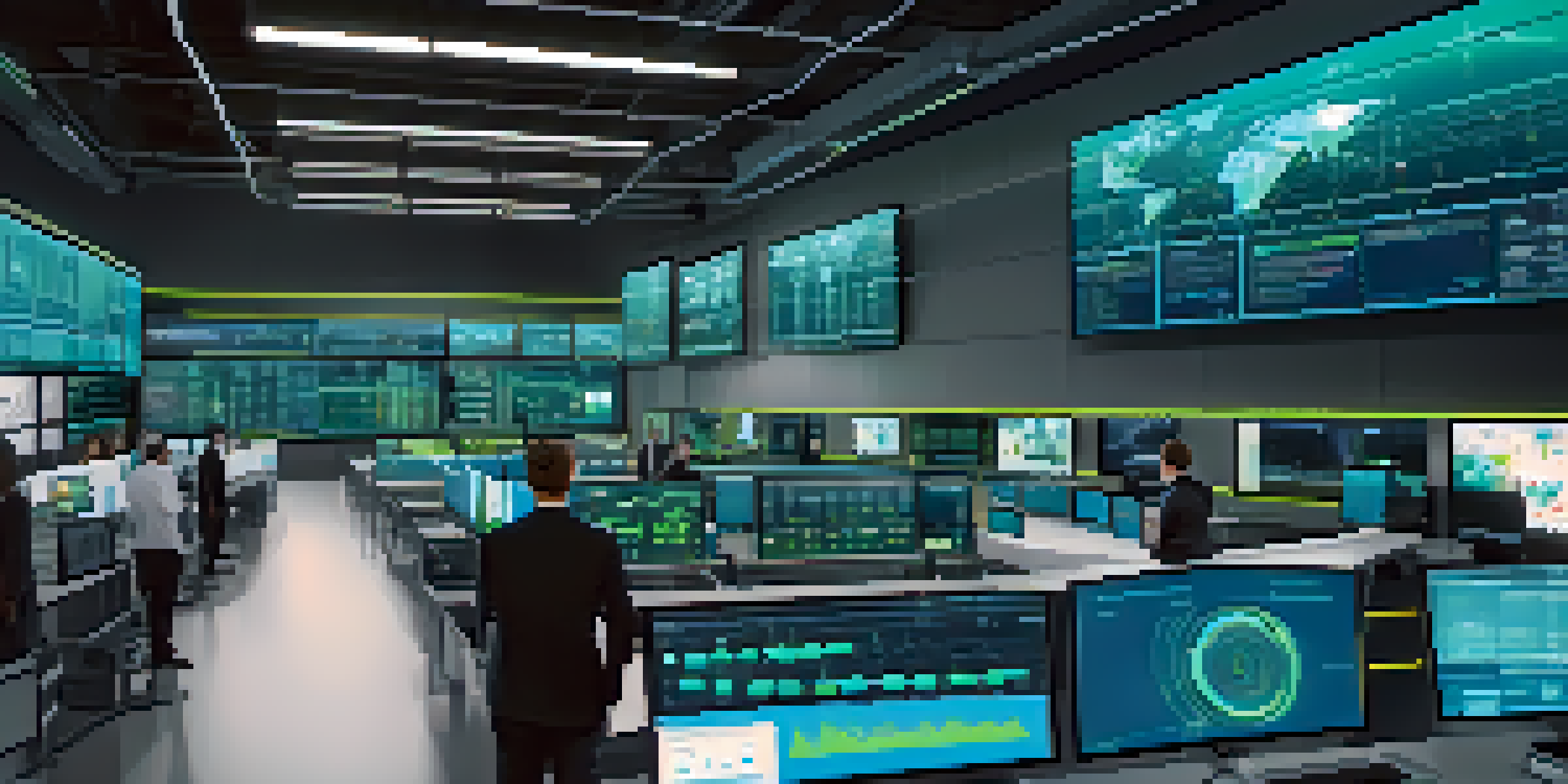 A modern supply chain control room with professionals analyzing data on multiple screens showcasing blockchain tracking.