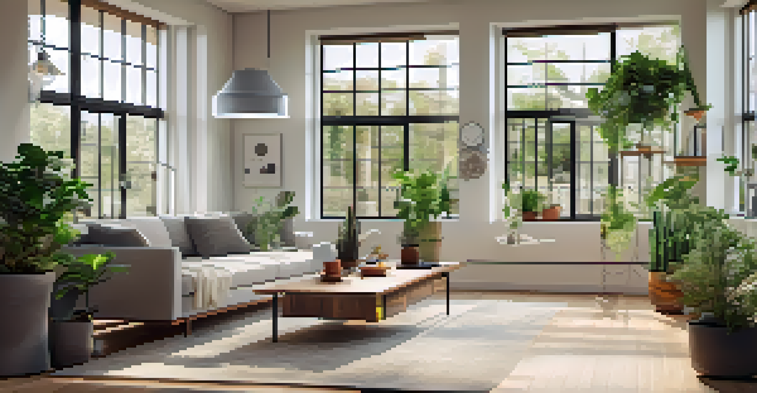 A modern smart home interior showcasing IoT devices such as a thermostat and security cameras, filled with natural light and minimalistic decor.
