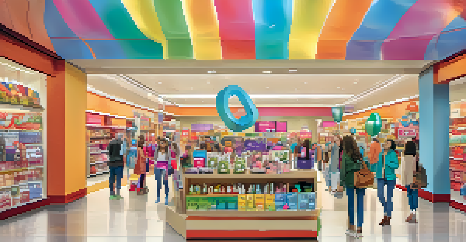 Shoppers participating in an augmented reality scavenger hunt in a colorful retail store, using their smartphones to find virtual items.