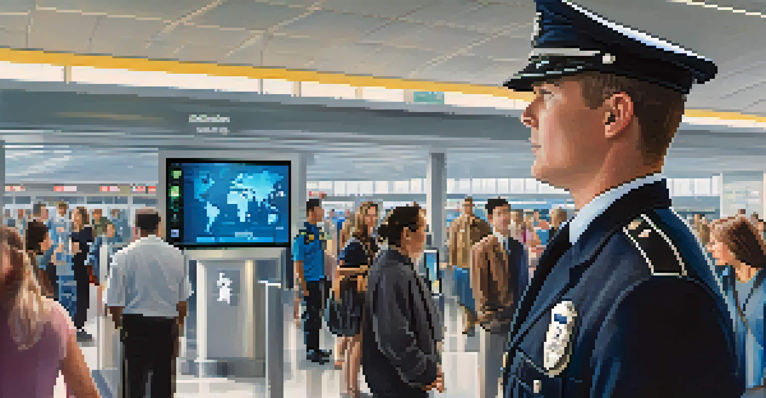 A police officer using a tablet for facial recognition in a busy airport setting.