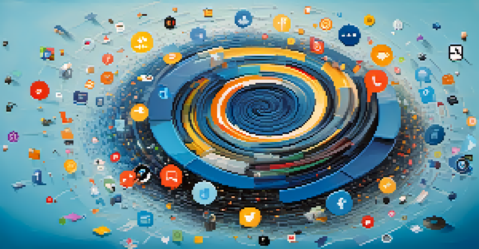 An abstract image depicting a swirling vortex of colorful social media icons and metrics against a blue gradient background.